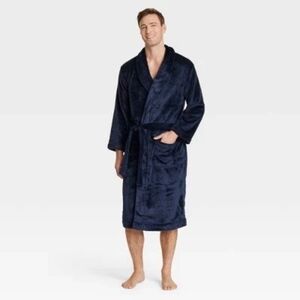 Men's Solid Plush Robe - Goodfellow & Co Navy Blue Plush Bathrobe L/XL